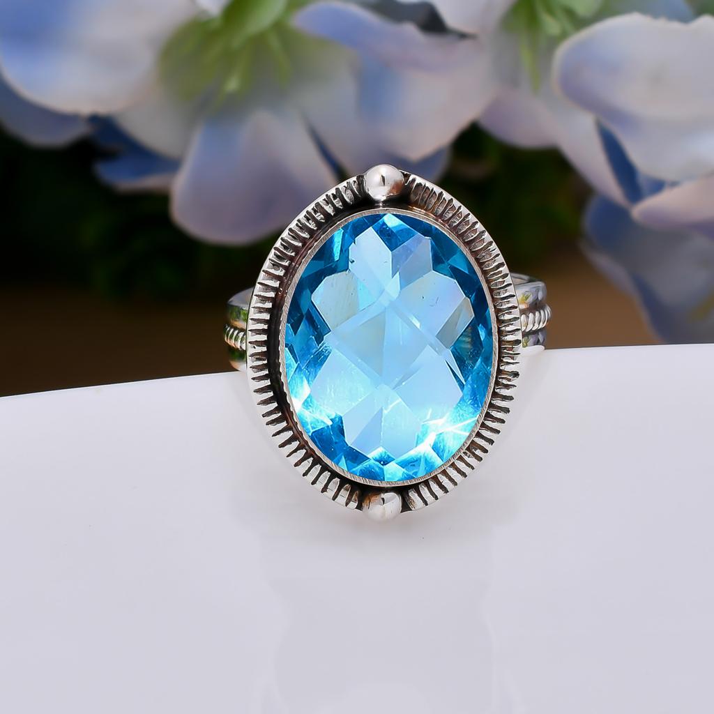 Blue Topaz 925 Sterling Silver Ring V5123, Blue Ring, Oval Ring, Valentin's Day Gift, Gift For Her, Birthday Gift, Handmade Jewelry, Silver Jewelry, U