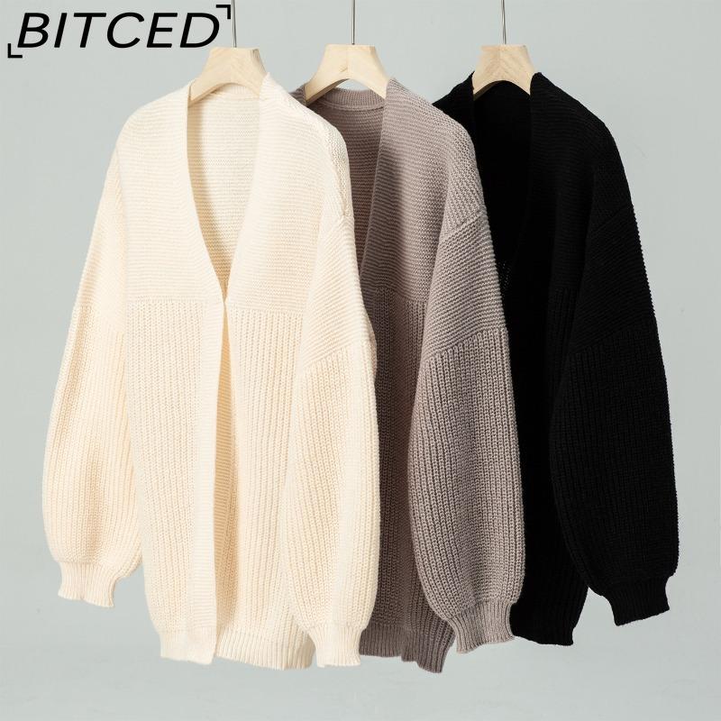 BITCED Fall/Winter Casual Oversized Solid-Color Mid-Length Knit Cardigan Jacket for Women
