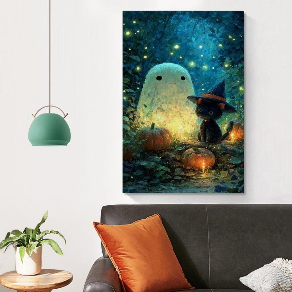 HD Halloween White Ghost Cat Canvas Art - Frameless