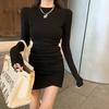 High-end gray sexy long-sleeved dress women's autumn new pleated high-waisted thin versatile hip-wrapped short skirt