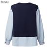 ZANZEA Women Casual Round Neck Splice Long Sleeve Loose Blouse