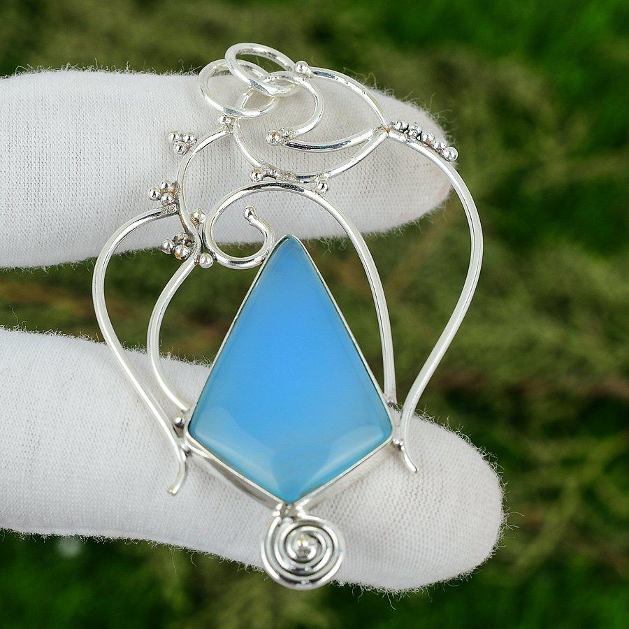 Pentagon Natural Blue Chalcedony 925 Silver Bezel Throat Chakra Handmade Pendant