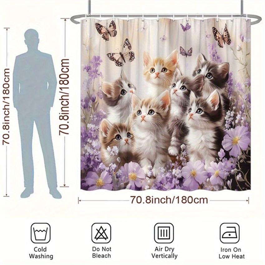 1pc Whimsical Tabby Cats Shower Curtain - Butterfly Accents, Polyester, 12 Hooks, Easy Care, Modern Bathroom Decor