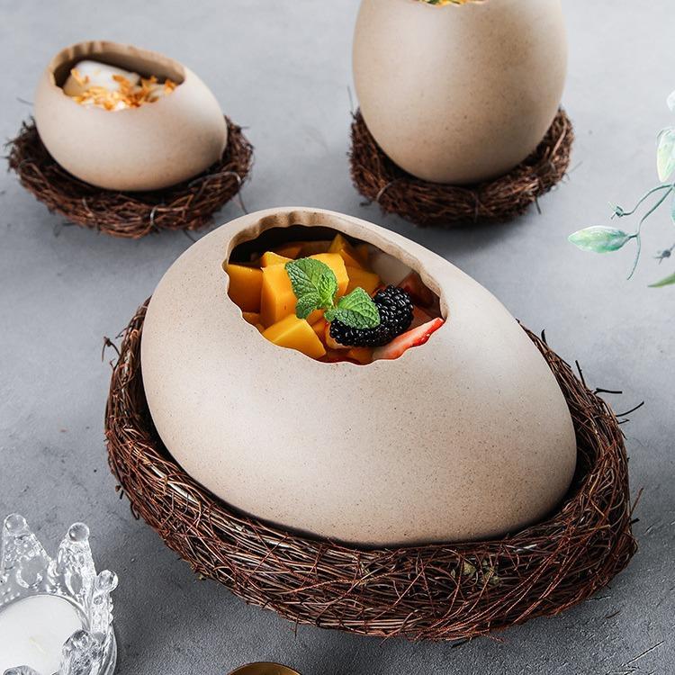 Creative Bird's Nest Decorations Dessert Bowl Eggshell Ostrich Egg Shaped Ceramic Bowl Cold Drink Barbecue Restaurant Tableware