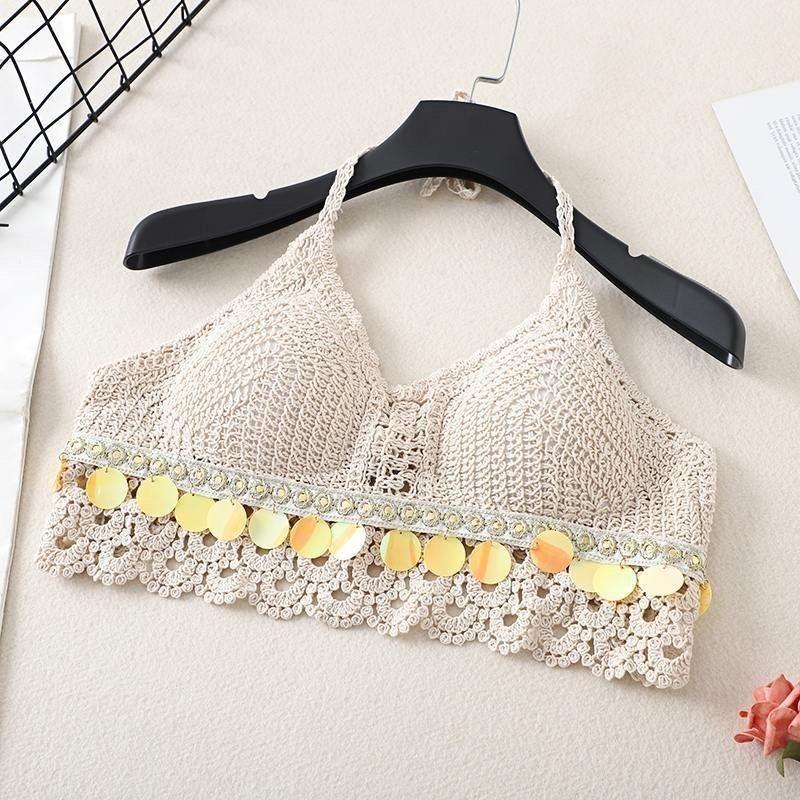 Tassel Crop Tops Retro Wild Hollow Perspective Sexy Spaghetti Strap Tanke Top Women Built In Bra New Back Lace Halter Neck
