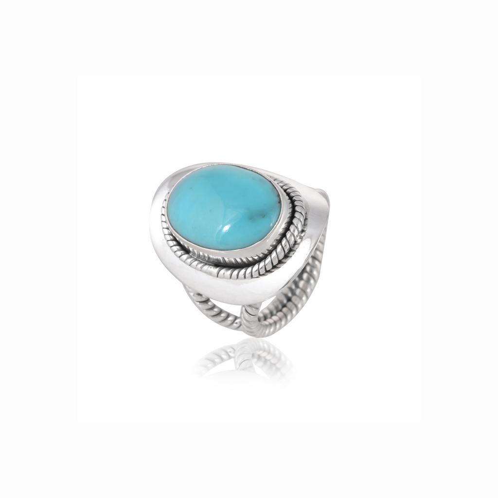 Sterling Silver Turquoise Ring - Oval Blue Gemstone Statement Ring with Rope Border - Boho Southwest Style Women's Jewelry