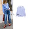 Summer New Product Women's Clothes French Style Design Single-Breasted Contrast Color Matching Stripes Lapel Long Sleeves Casual Shirt