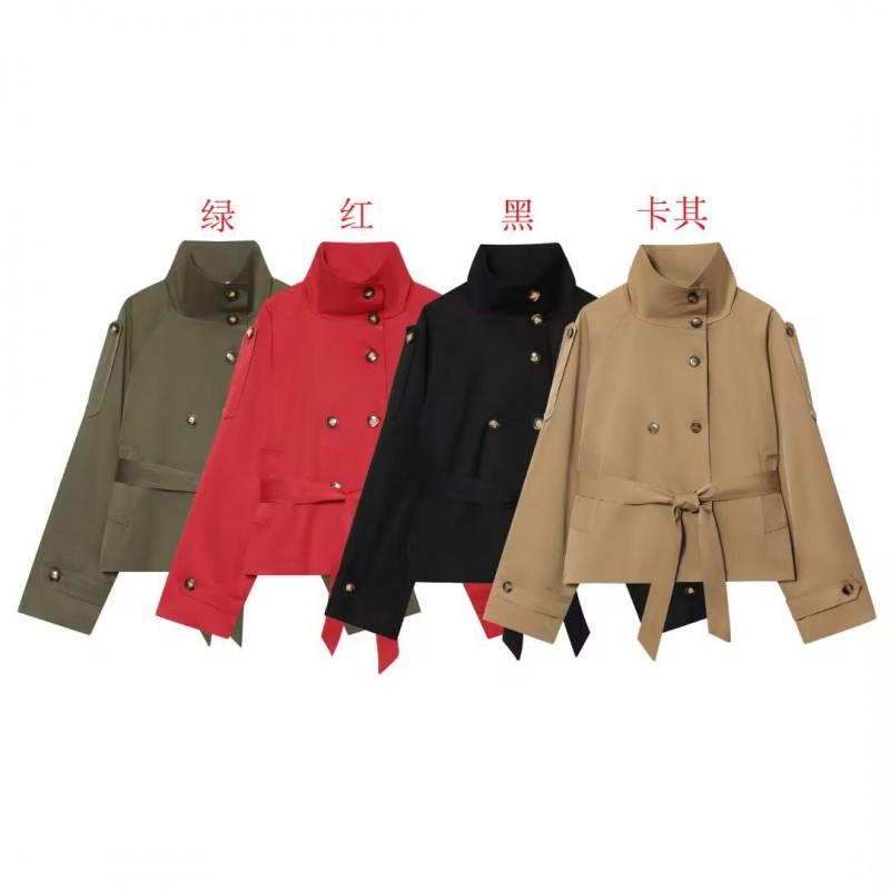 Womens 2026 Double-Breasted Belted Trench Coat With Stand Collar Slim Fit Street Style