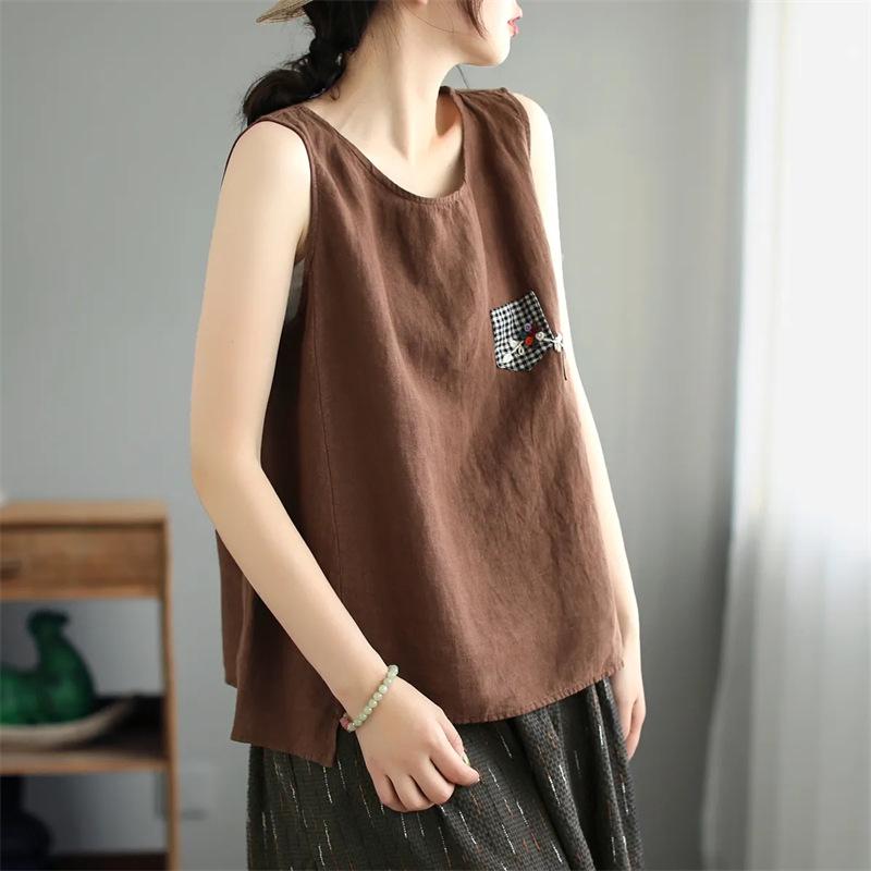 Women's Oversize Cotton-Linen Camisole Vest - Retro Sleeveless Solid Color Summer Top