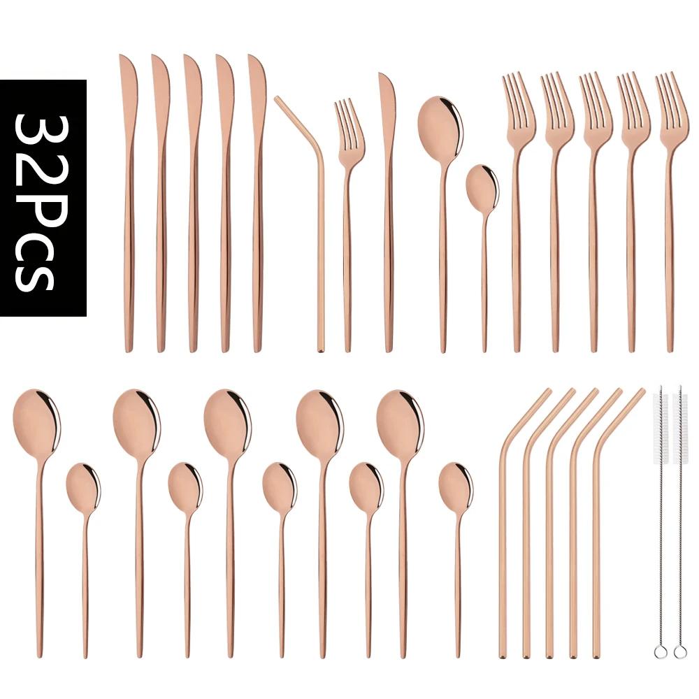 32Pcs Stainless Steel Dinnerware Set Kitchen Black Cutlery Set Knife Fork Spoon Straw Flatware Tableware Western Silverware Set