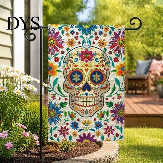 Durable Fabric Garden Flags Day of The Dead Flag, 12x18 Inch Floral Skull Decorative Yard Holiday Party Outdoor Banners Mexican Gothic Skeleton