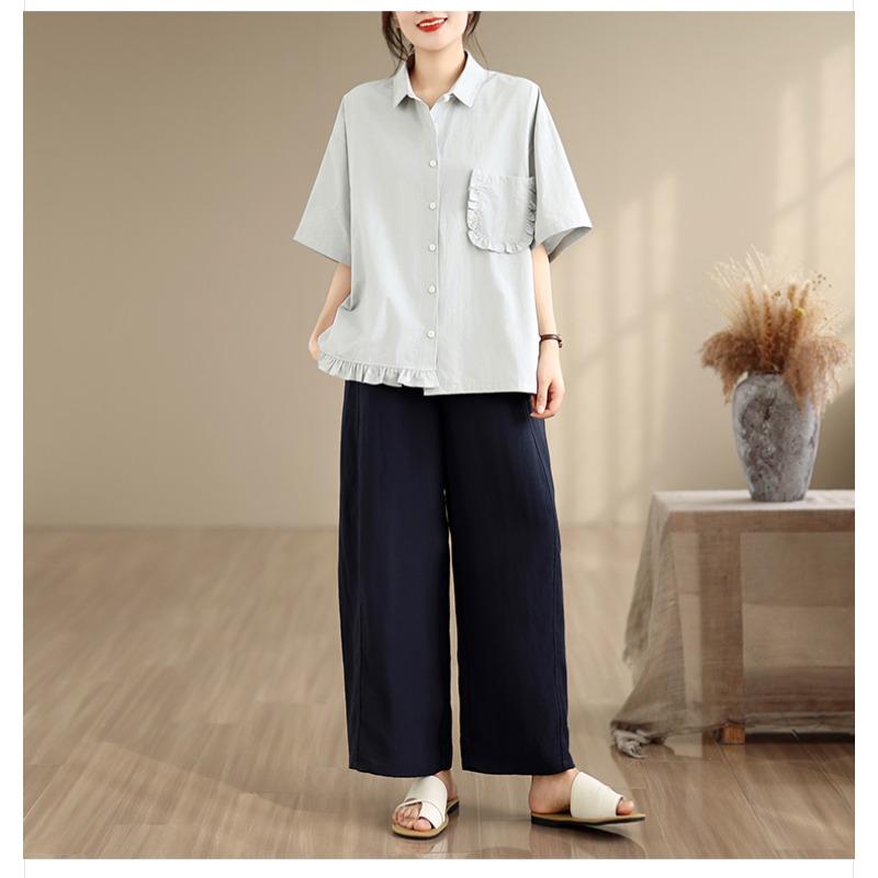 DIMANAF 2026 Women Plus Size New Summer Blouse Shirt Short Sleeve Solid Casual Loose Cotton Lady Tops Shirts
