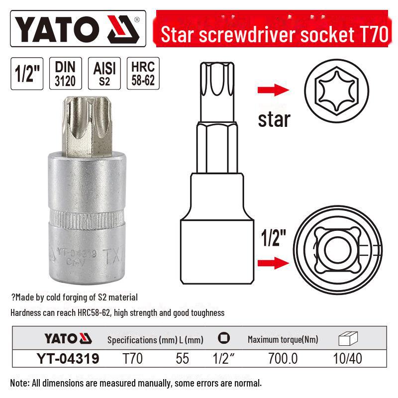 YATO 1/2" Star Screwdriver Socket Set, Chrome Vanadium Steel, S2 Head