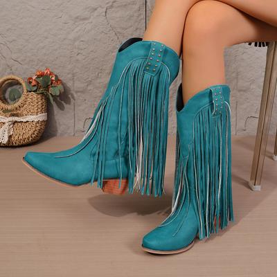 Autumn Fashion Women PU Plus Size Shoes for Women 36-43 Mid-calf Platform Tassel Pointed Toe Boots Casual Daily Footwear