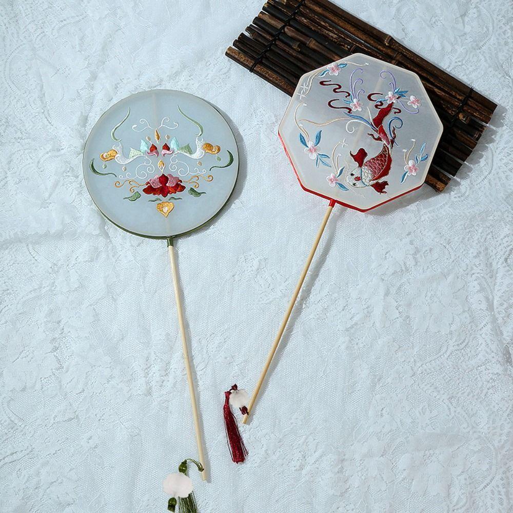 Embroidered Chinese Style Round Fan Classical Hanfu Hand Fan Long Handle Silk Fan Hanfu Cheongsam