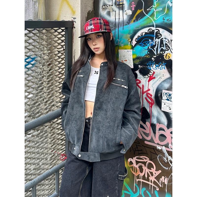 

Чоловіча сіра шкіряна мотоциклетна куртка зі стійкою - Осінній повсякденний універсальний бомбер Large чорний