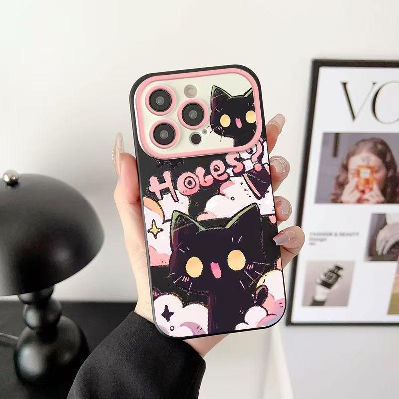 Cartoon Black Cat 17 Pro Max Apple Phone Case: Soft, Full Coverage, Large Window Design for Models 15, 16, and 14.