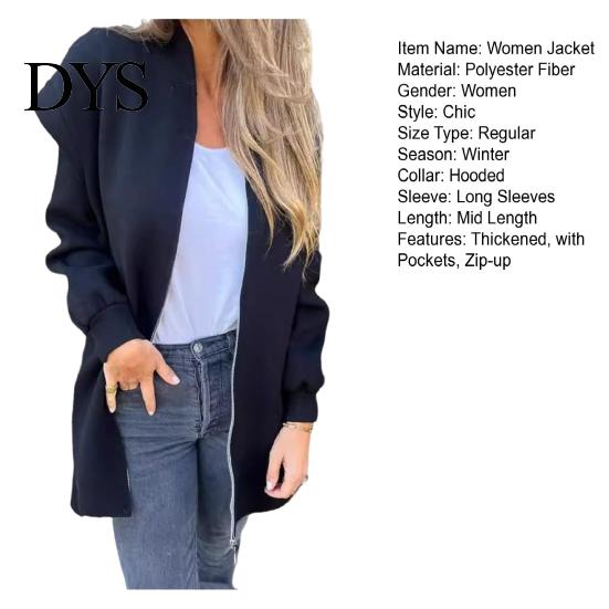 Woolen Overcoat Lady Winter Coat Hooded Thick Zip-up Solid Color Elastic Cuffs Mid Length Long Sleeves Thermal Daily Wear Casual Women Jacket