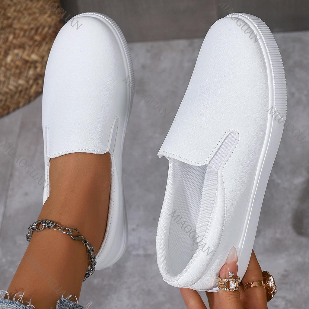 New White Lightweight Flat Bottom Leather Single Shoes for Women Casual Slip on Students Fashion Board Tenis Feminino Large Size
