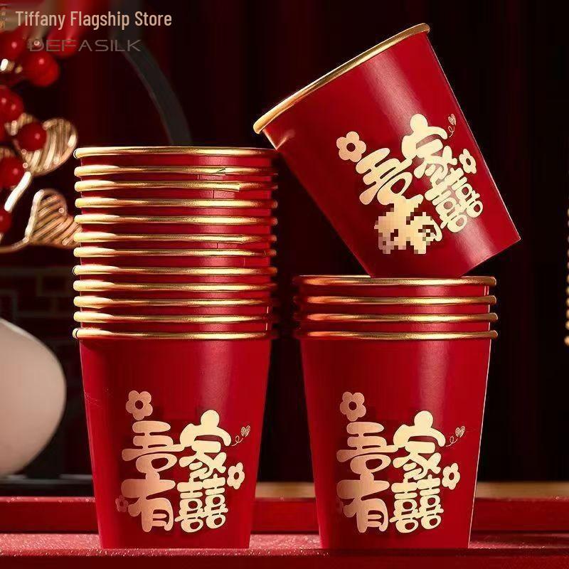 Gold Foil Double Happiness Disposable Red Paper Cups for Weddings & Engagements