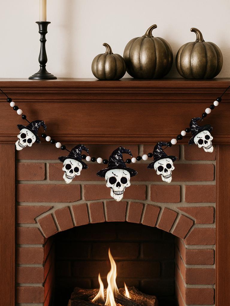 Halloween Skull Garland with Witch Hat - Black & White Beaded Hanging Ornament Living Room Wall Decoration for Fireplace & Party