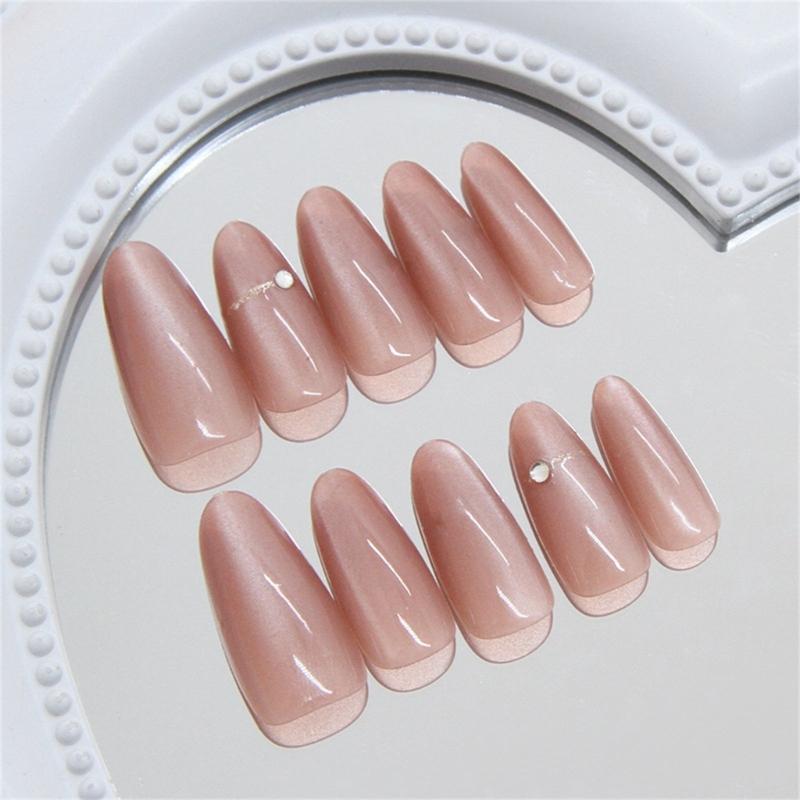 24 Pcs Glossy Full Cover Stick On Nail Almond Shape False Nail Simple Press On Nail Rhinestones Artificial Nail
