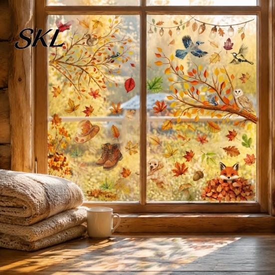 DIY Fall Party Window Ornaments 9PCS Thanksgiving Static Clings, Leaves Birds Cute Animals Maple Leaf Decals for Glass Stickers, No-Adhesive Removable