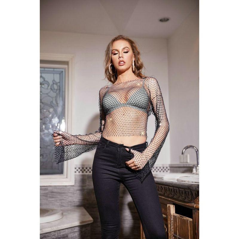 European and American Personalized Best Selling Women's Clothes Grid Rhinestone Fishnet Long Sleeves Sexy Silm Rhinestone Tops Party Sexy Long Sleeves