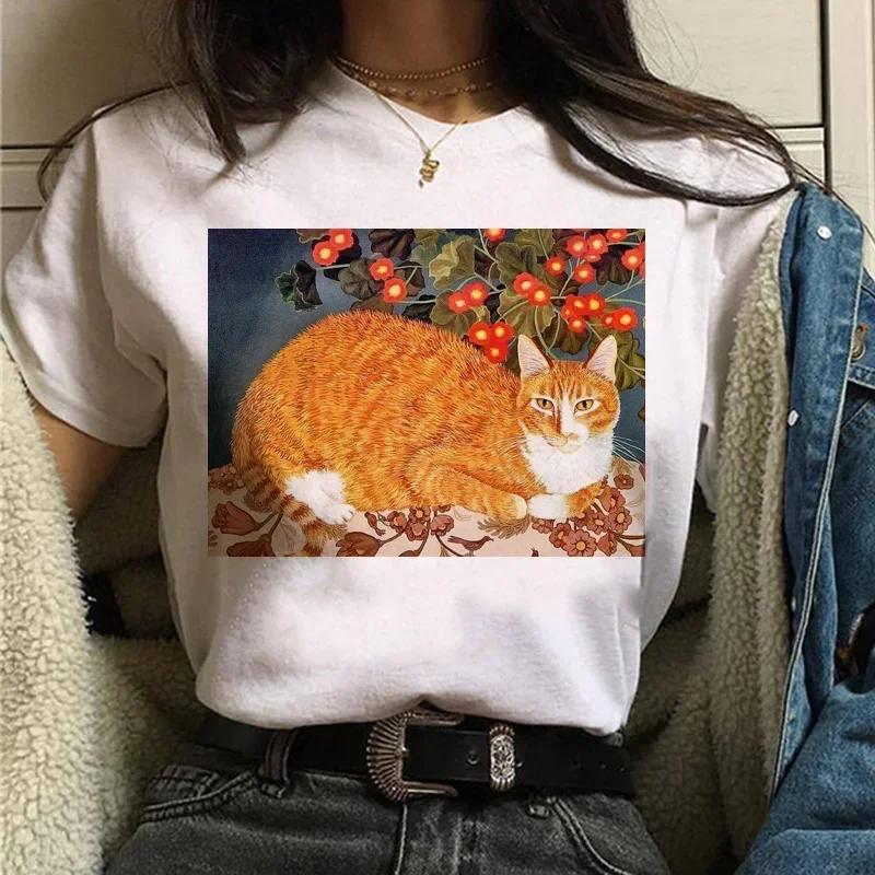 T-shirts Women Cat Oil Painting Printed Funny Graphic Tee Shirt Summer Short Sleeve Casual White Tops Harajuku Clothing