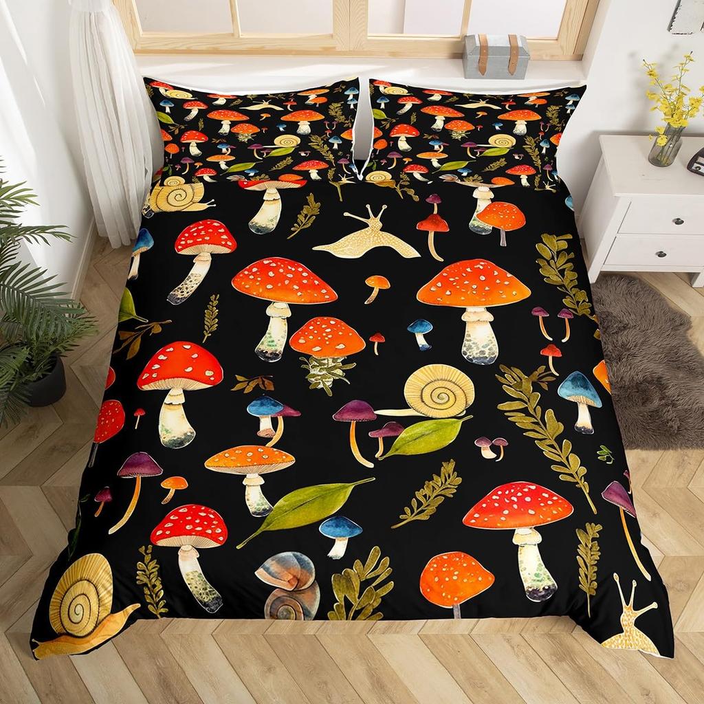 Comforter Wild Mushroom Bedding Set King Queen Cute Mushrooms Comforter Kawaii Fungus Cartoon Plant Leaves