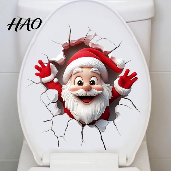 Christmas Toilet Decals Sticker, Funny Santa Claus Lid Tank Bathroom Accessories Self-Adhesive 3D Hole Waterproof PVC Decal for Decoration Wall