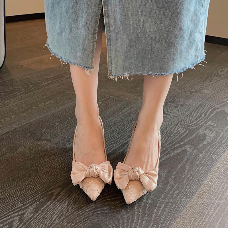 Satin High-heeled Shoes Women's New Pointed Toe Bowknot High-heeled Shoes Women's Slender Heels and Shallow Mouth Shoes Women