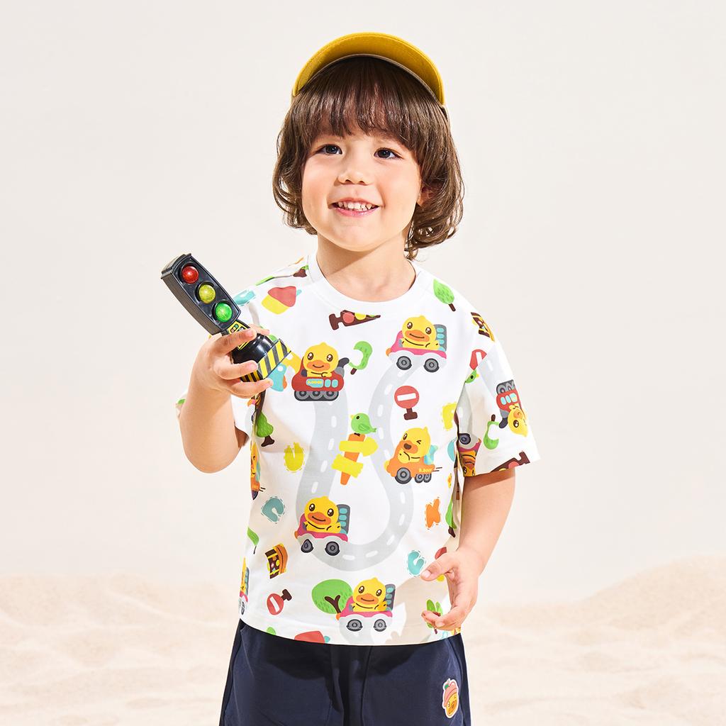 B. Duck Yellow Duck Children's Round Neck Top for Boys and Girls, Fun Summer Breathable Short T-shirt