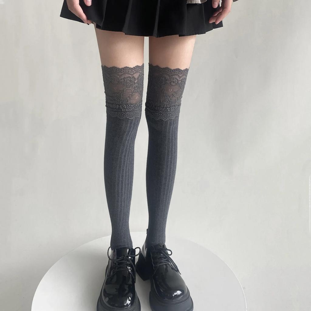 Japanese Fashion Autumn Winter Women Stockings Solid Color Thigh High Socks Lolita Lacework Knee High Socks Thigh High Stockings