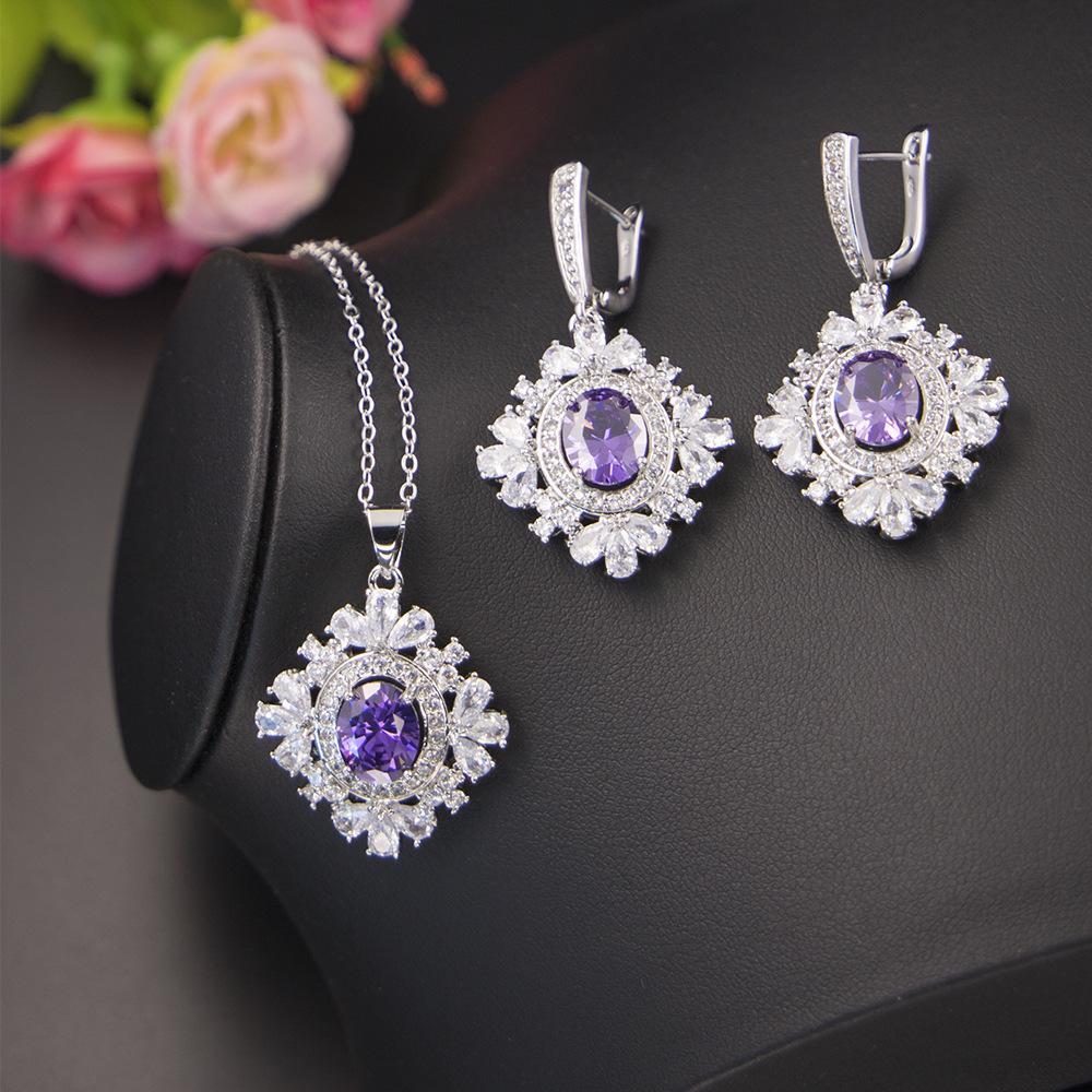Top Selling Zircon Jewelry Set European and American Purple Necklace Earrings Bracelet Zircon Jewelry Three Piece Set