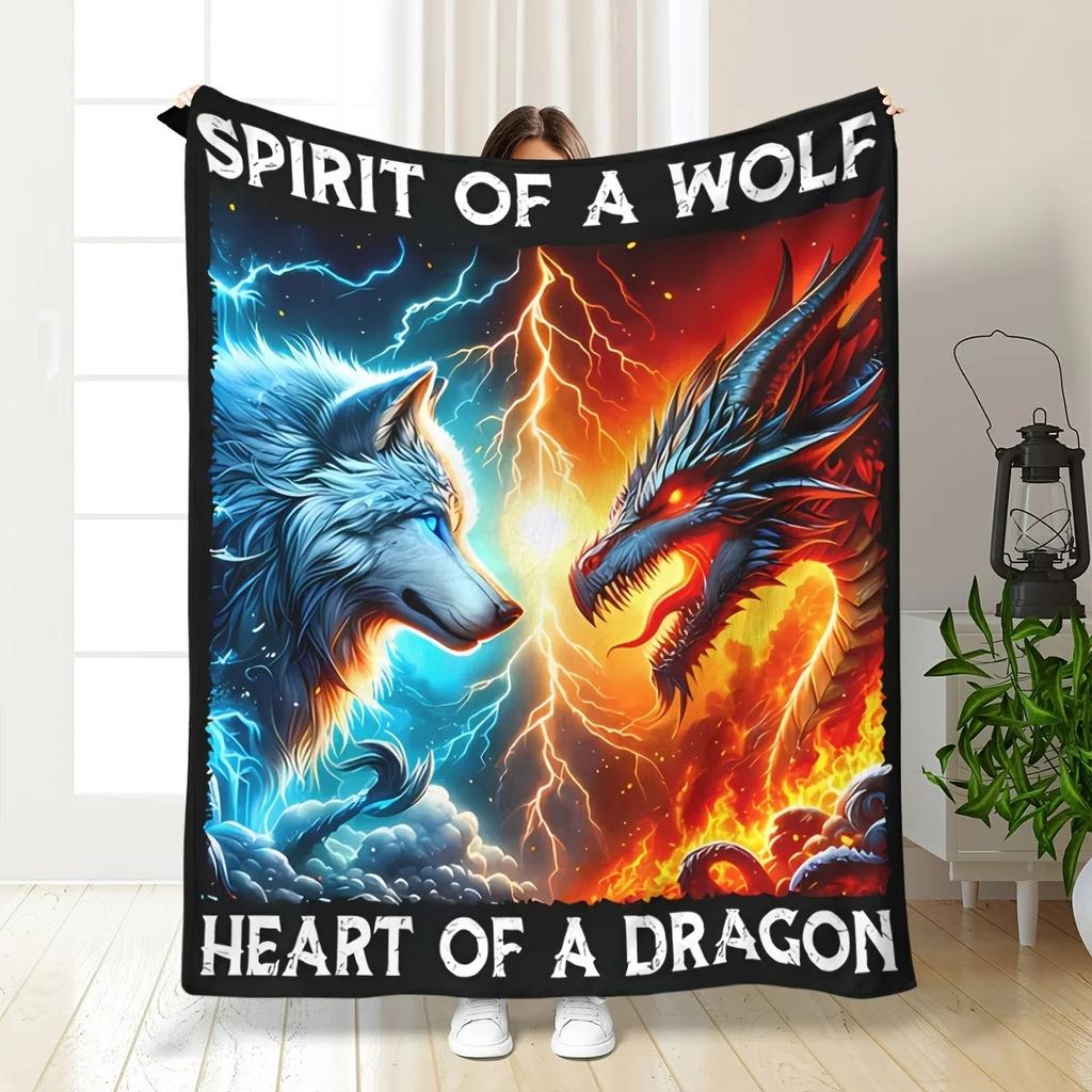 Wolf Dragon Heart Flannel Throw Blanket, Mythical Animal Design for Sofa Bed, All Season Cozy Office Decor, Soft Warm Gift Idea
