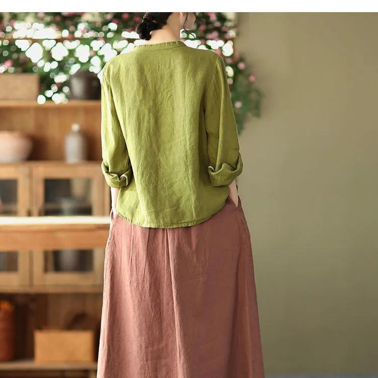 Ethnic Style Cotton and Linen Shirt Women's Spring and Summer Plate Button Top Literary Embroidery Loose Top Women