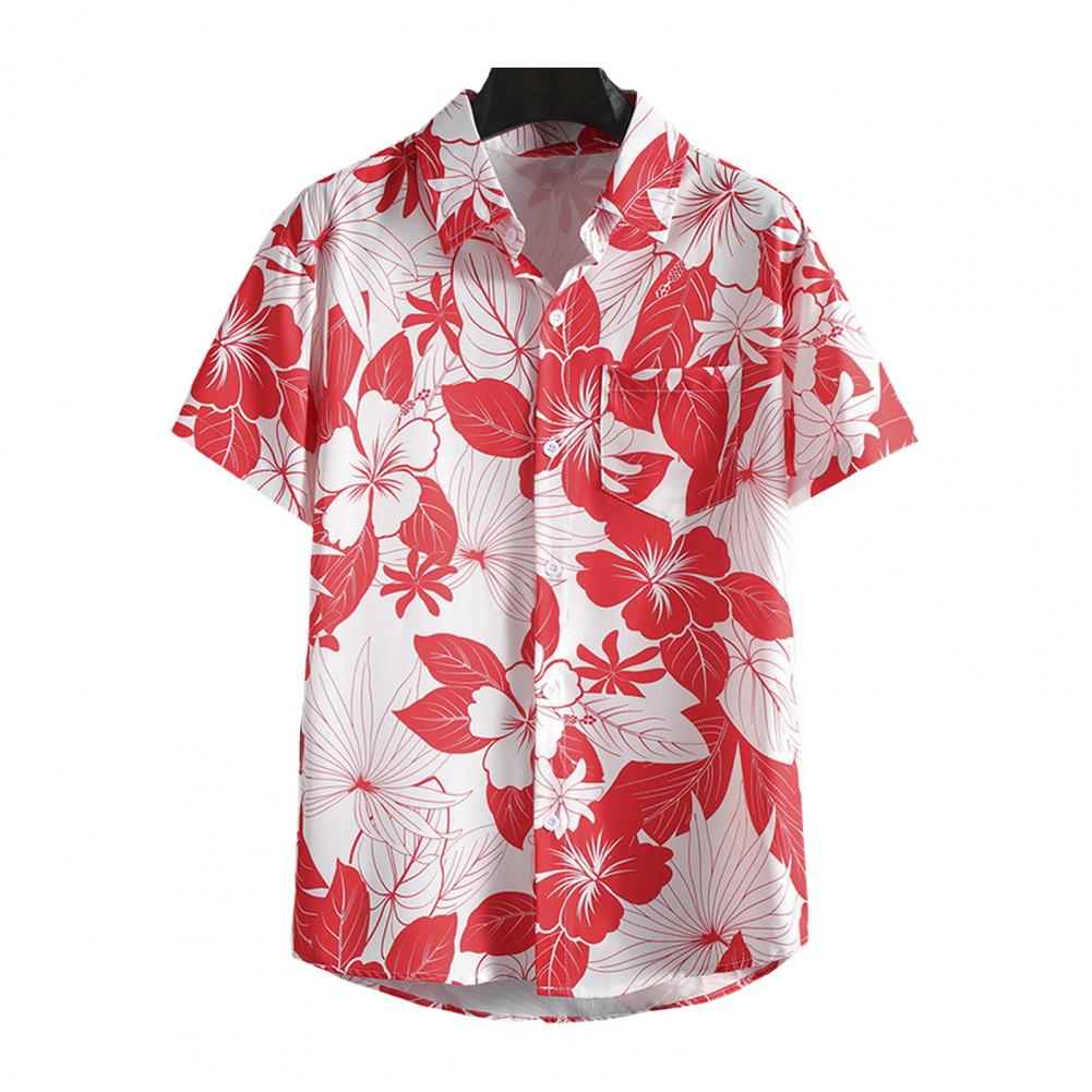 Summer Men Blouse Floral Print Short Sleeves Tropical Style Hawaii Comfortable Fit Plus Size Single-breasted Turn-down Collar Quick Dry Mid