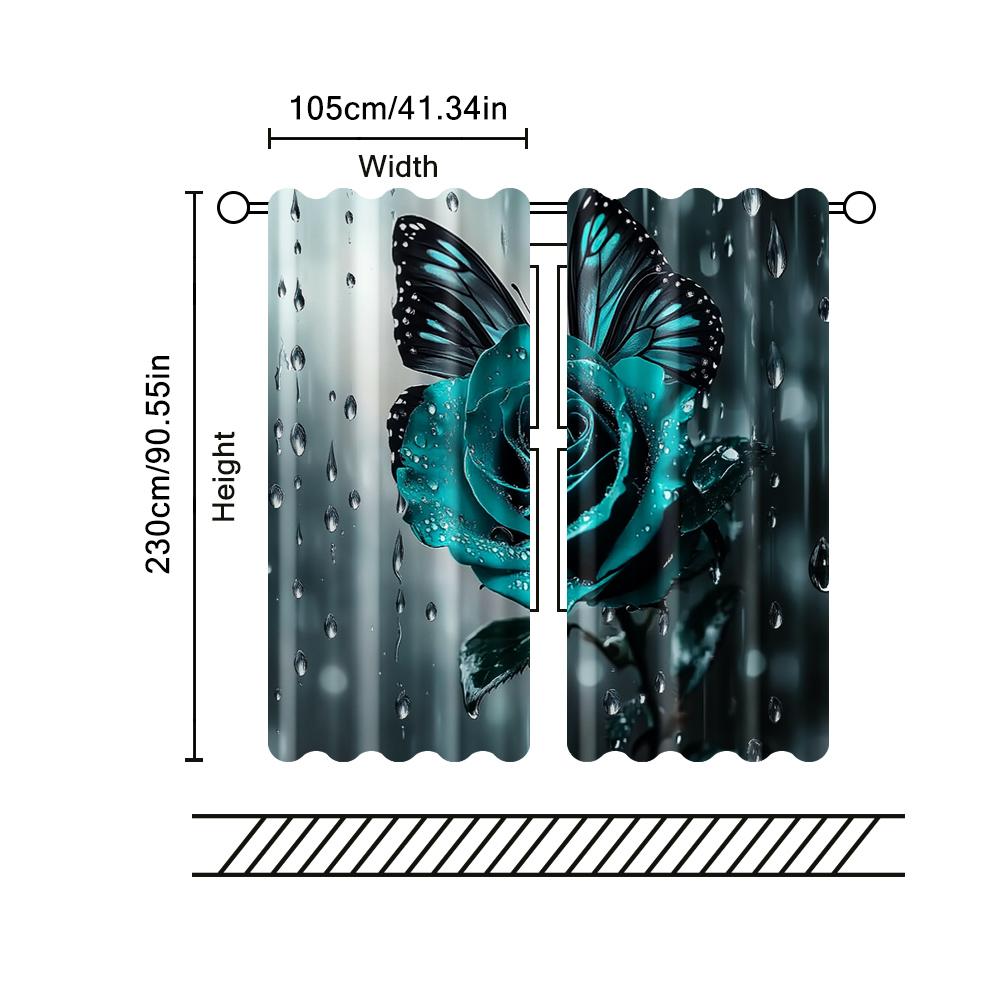 2 Stück, Filtervorhänge (ausgenommen Stangen, unbeweglich, ohne Batterien) Eine türkisfarbene Rose und ein Schmetterling zur Verwendung in Schlafzimmern