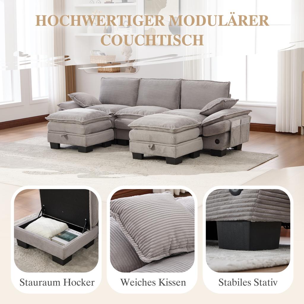Modular 3-Seater Corduroy Sofa (with 2 Stools) – high-density foam padding, USB-C port, side pockets. For living room, office, lounge. Light Grey