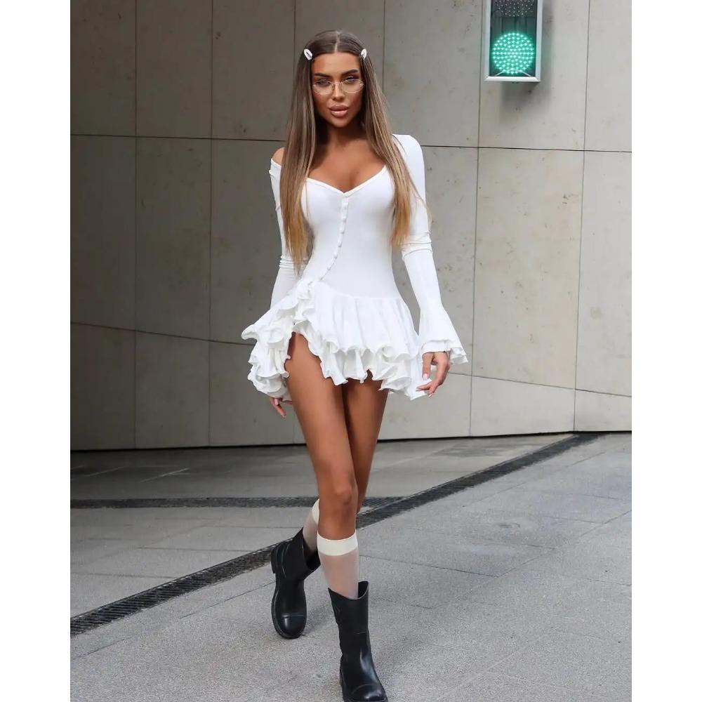 Dámské áčkové bodycon mini šaty s volánovým lemem, výstřihem do V, asymetrickými knoflíky, dlouhým rukávem, krátké šaty, párty, streetové oblečení