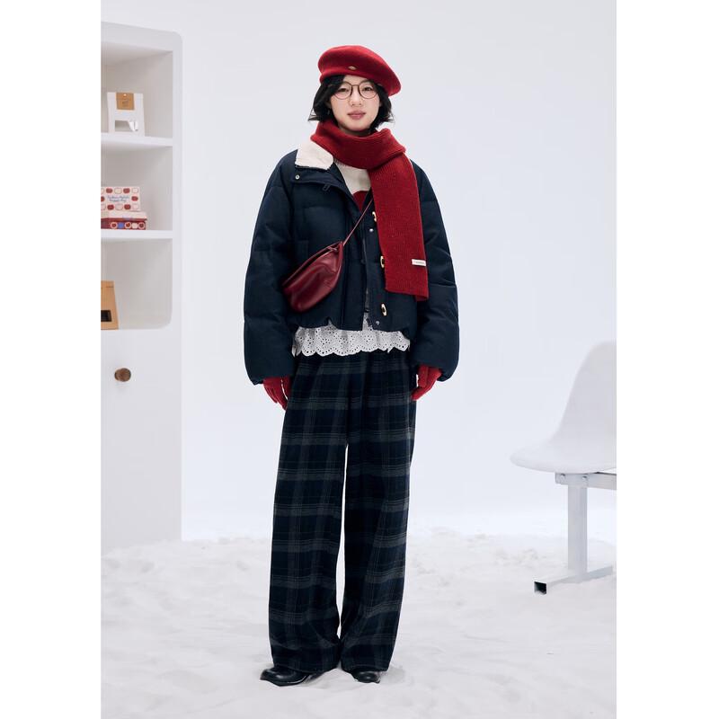 ZIHAN Women's Wool Blend Navy Plaid Wide-Leg Trousers