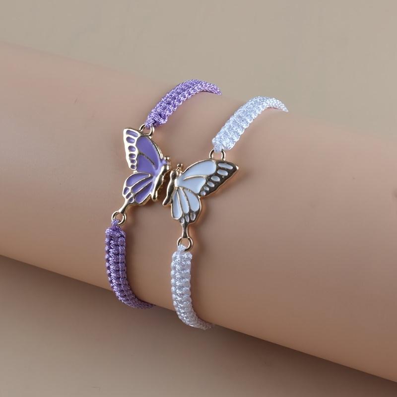 A Set of Two Bohemian Handmade Woven Bracelets Featuring a Charming Oil-Drop Butterfly Design, Perfect As Lucky Jewelry for Couples