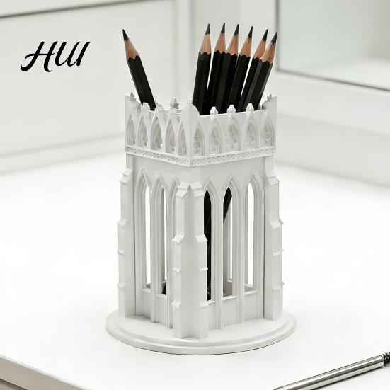 Makeup Brush Holder for Vanity Gothic Pen Holder, Cathedral Style 3D Printed Desk Organizer, Storage Cup Brushes, Pencils, Accessories Home