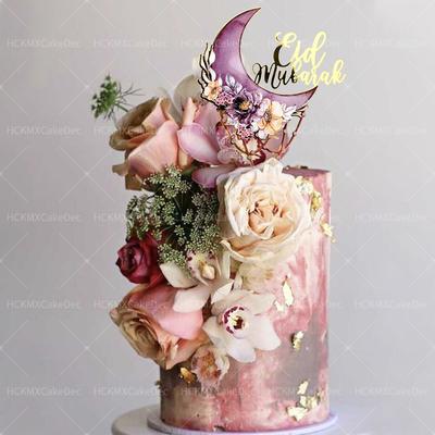3pcs Acrylic Eid Mubarak Flower Moon Cake Topper for Ramadan Kareem Party DIY Dessert Baking Cake Decoration Supplies