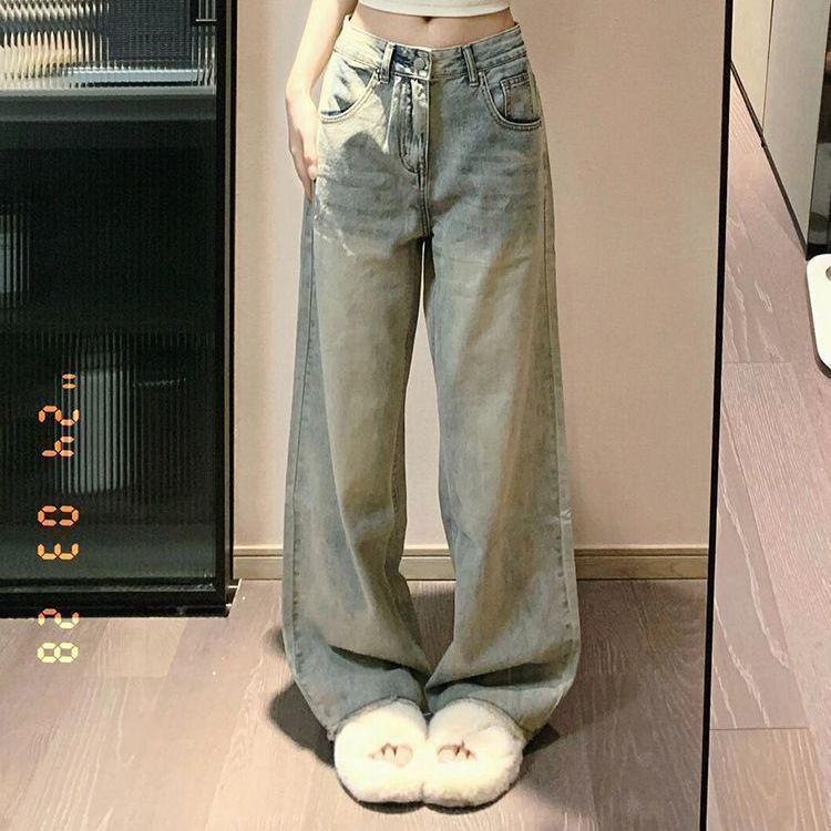 

Американские ретро желтые джинсы с высокой посадкой, свободного кроя, с широкими штанинами и необработанным краем S (40-48 kg)