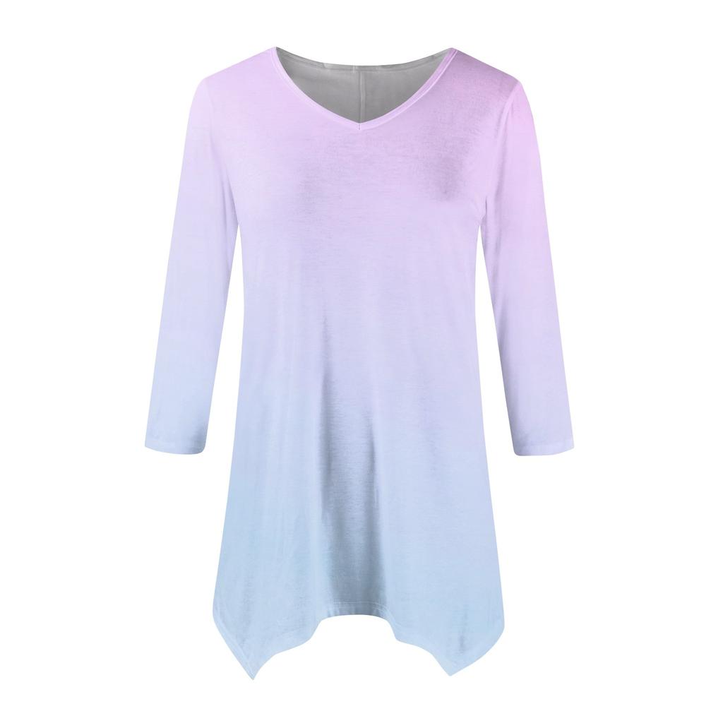 Women's Fashion Casual V-neck Gradual Print Seven-point Sleeve Shirt Belted Loose Comfortable Top