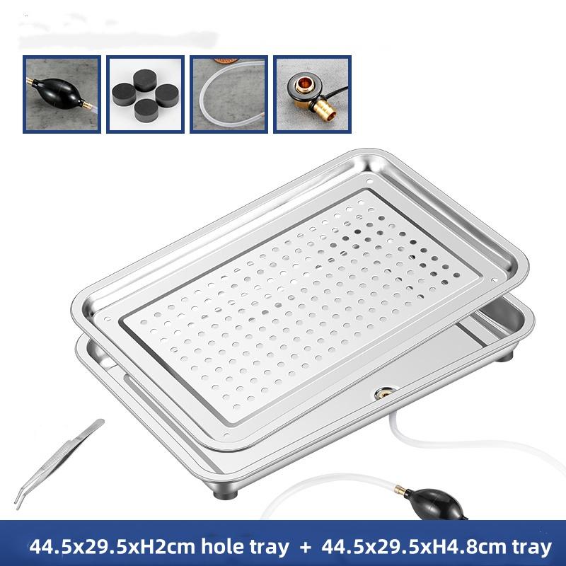 Stainless Steel Rectangle Dinner Tea Tray Double 2 Layer Dumpling Oil Leaking Hole Basin Steaming Draining Hole Plate with Basin