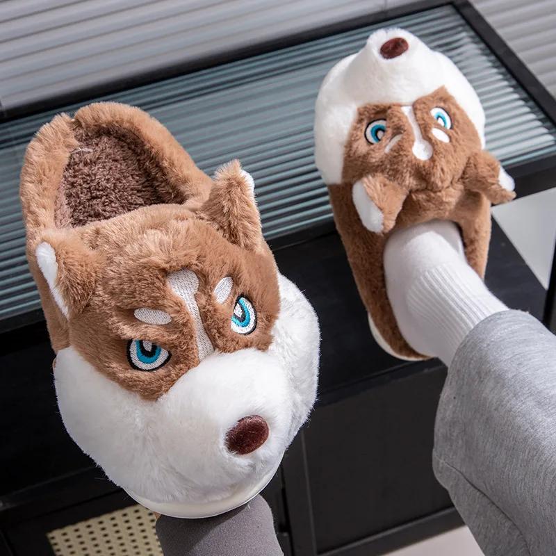 Fashion Women Indoor Cotton Slippers Cute Cartoon Dog Winter Warm Shoes Couples Home Floor Slides Anti-slip  Female Male House Footwear