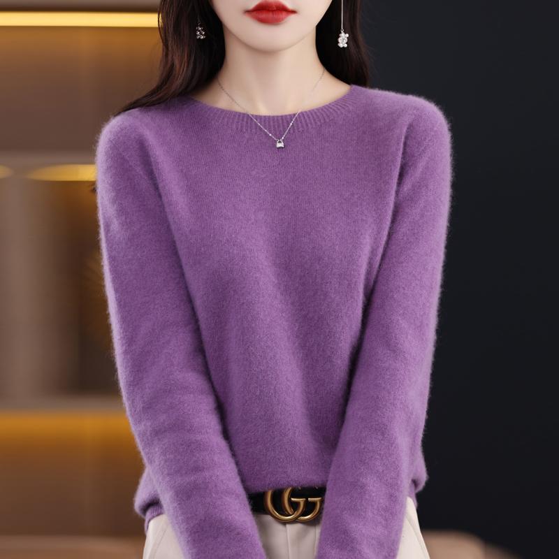 

Чисто шерстяной свитер, женский повседневный вязаный пуловер, осенне-зимний мягкий и теплый шерстяной топ с длинными рукавами и круглым вырезом XXL фиолетовый